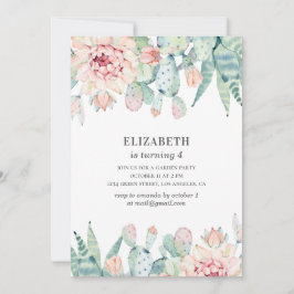 Convites Cacto floral de aquarelas. Menina. Aniversário de 
