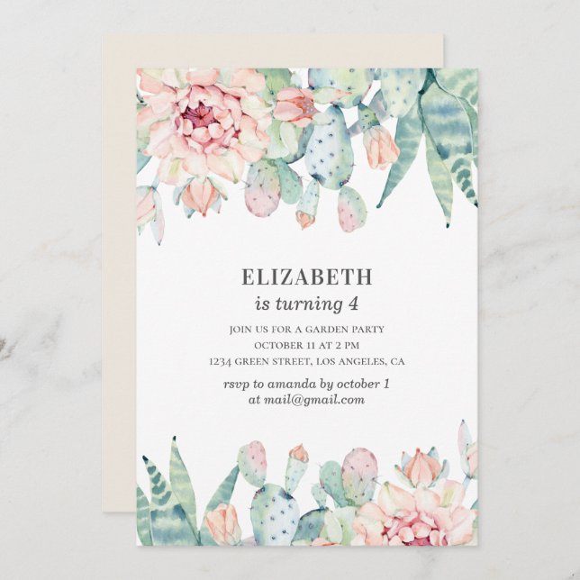 Convites Cacto floral de aquarelas. Menina. Aniversário de  (Frente/Verso)