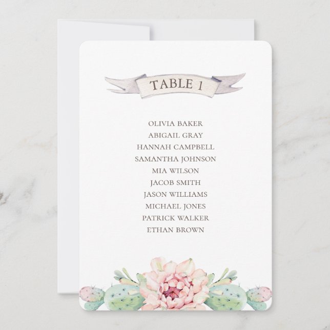 Convites Cacto floral e suculenta. Carta de lugares para o  (Frente)