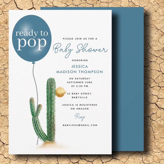 Convites Cacto Menino Pronto para Estourar Bexiga Chá de Be (Ready to Pop Boy Cactus Balloon Baby Shower Invitation)