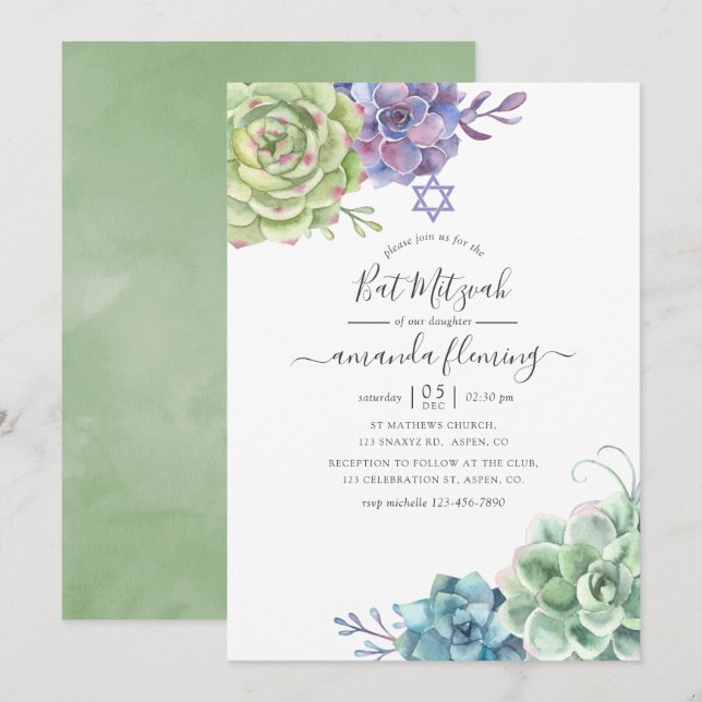 Convites Cacto Suculentas Bat Mitzvah em Aquarela (Frente/Verso)