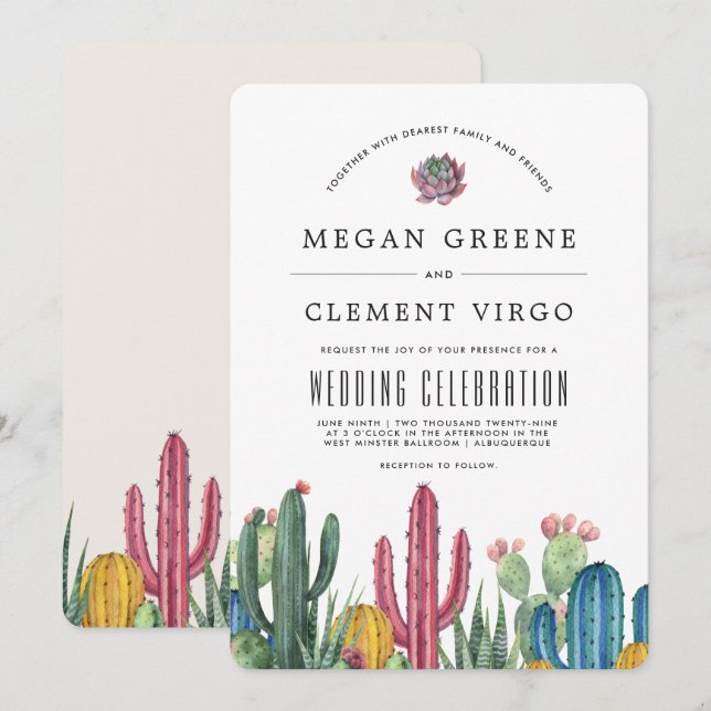 Convites Cactos Coloridos | Desert Themed Wedding (Frente/Verso)