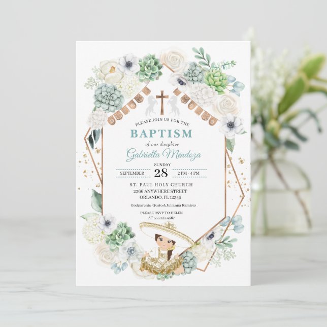 Convites Cactos Floral Mexicana Baby Girl Charra Baptism (Em pé/Frente)