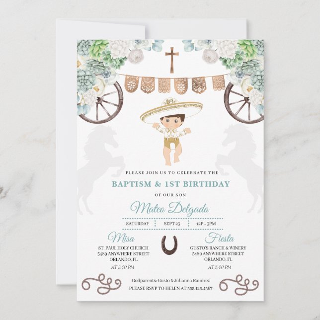 Convites Cactos Floral Mexicano Baby Boy Charro Baptism (Frente)