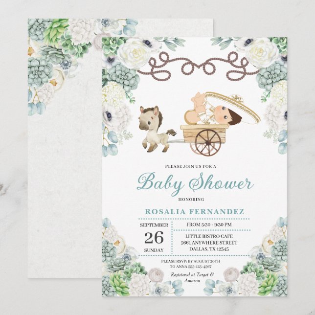 Convites Cactos Floral Mexicano Baby Boy Charro Chá de fral (Frente/Verso)