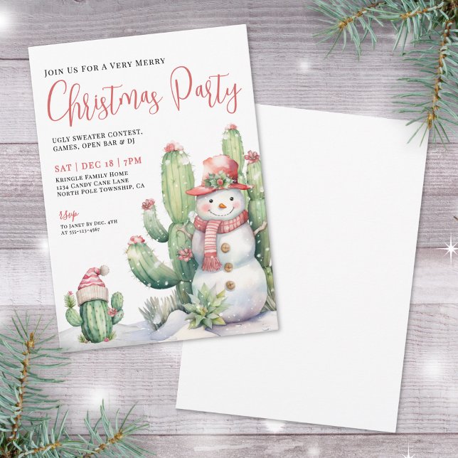 Convites Cactus Christmas Party (Cactus Snowman Christmas Party Invitation)