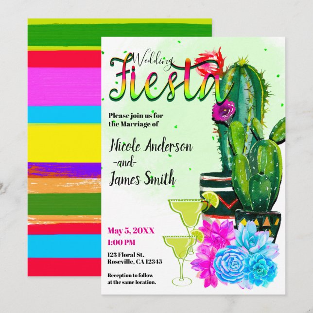 Convites Cactus e Suculentas de Listras Brilhantes FIESTA C (Frente/Verso)
