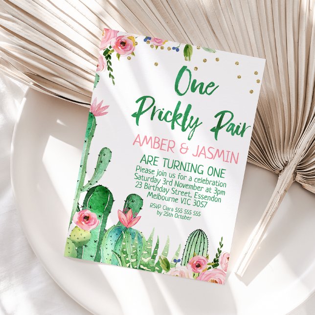 Convites Cactus Floral Rosa Um Par Pêssegado Aniversário (One Prickly Pair Birthday Invitation Template Printable, One Prickly Pair Invitation Twin Girls )
