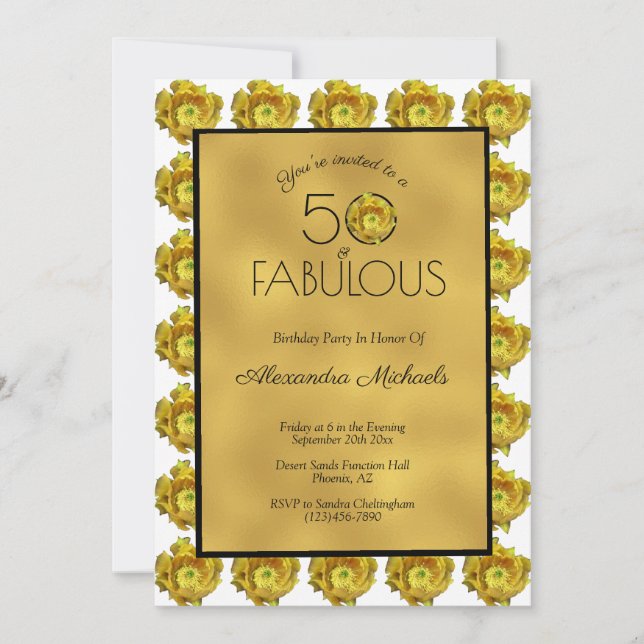Convites Cactus Flower Black & Metallic Dourado 50 & Fabulo (Frente)