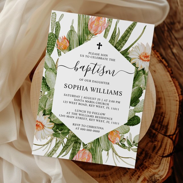 Convites Cactus Flowers Frame Baptism Invitation (Criador carregado)