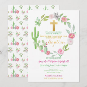 Convites Cactus Green Baptism Christening Cactos Rosa