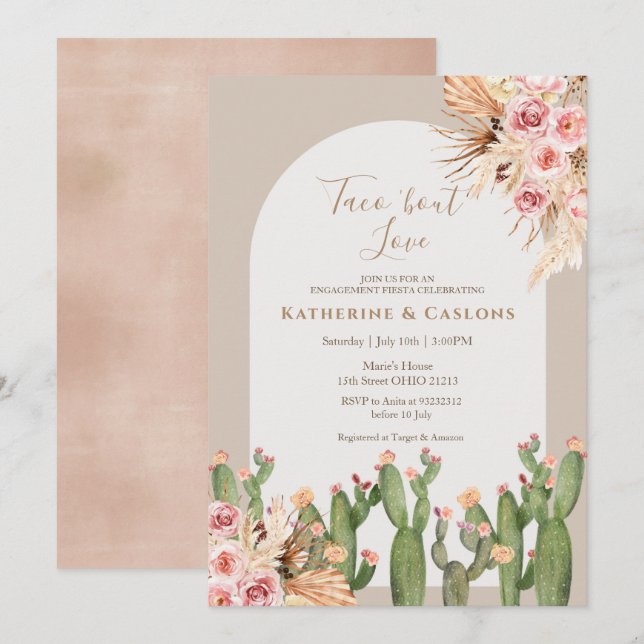 Convites Cactus Pampas Grass Taco Bout Love Noivado (Frente/Verso)