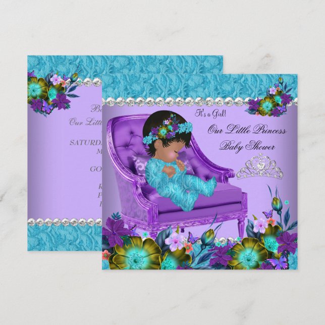Convites Cadeira Azul Teal Roxo para Chá de Bebê de Princes (Frente/Verso)