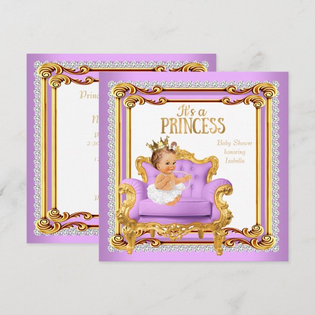 Convites Cadeira de Chá de Bebê Princesa Lilás Rosa Dourado (Frente/Verso)