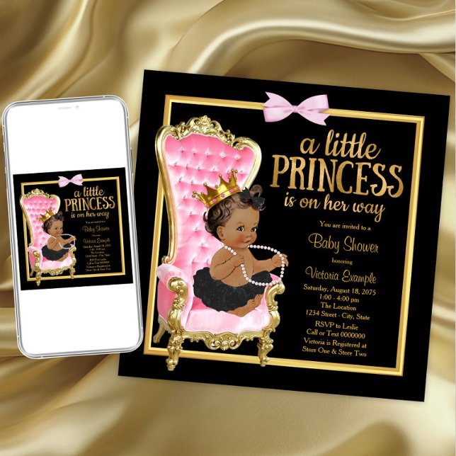 Convites Cadeira de Ouro Preto Rosa Chuveiro de Bebê Prince (Pink princess baby shower invitation. Instant download and printed invitations available.)