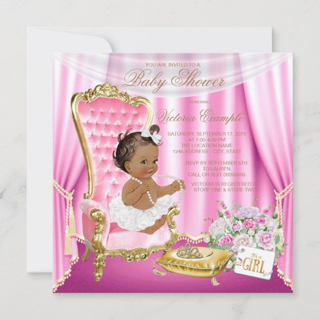 Convites Cadeira de Ouro Rosa Chuveiro de Bebê Princesa Étn (Frente)