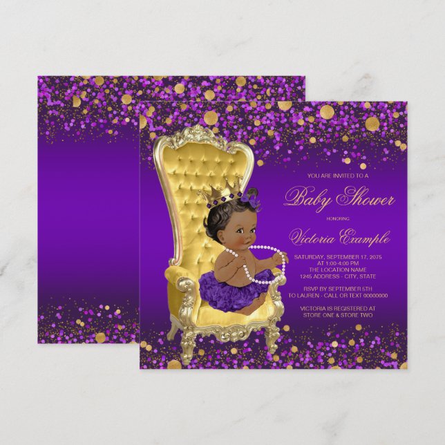 Convites Cadeira de Ouro Roxo Chuvada de Bebê Princesa Étni (Frente/Verso)
