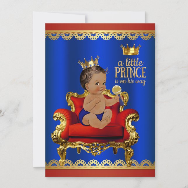 Convites Cadeira Dourada Azul Vermelha Chá de Bebê Príncipe (Frente)