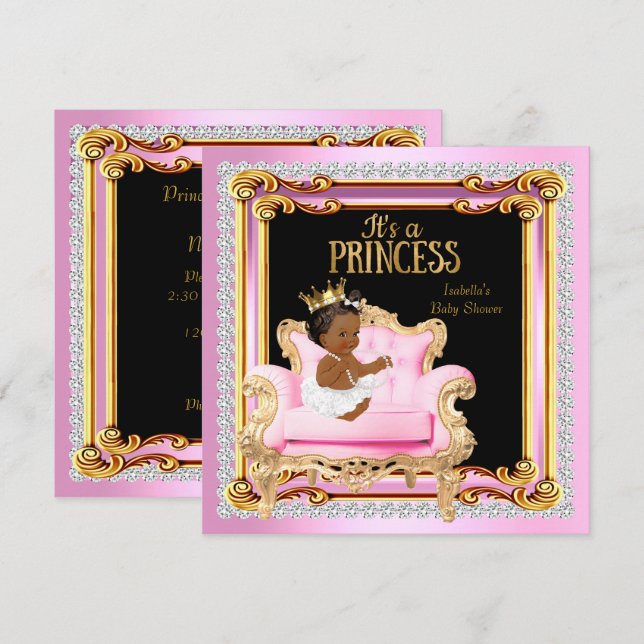 Convites Cadeira Prata Rosa Dourado Chuveiro de Bebê Prince (Frente/Verso)