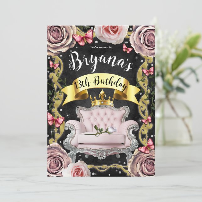 Convites Cadeira Princesa Rosa Rosas e Borboletas Aniversár (Em pé/Frente)