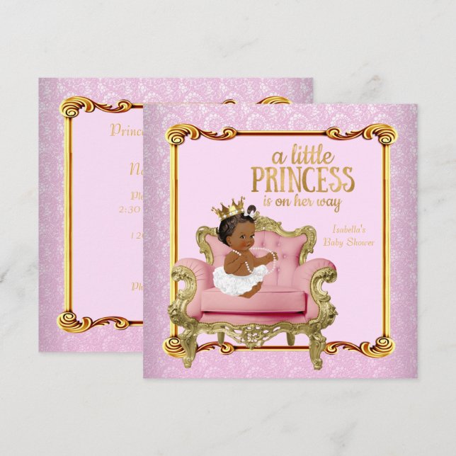 Convites Cadeira Rosa Dourada para Chá de Bebê de Princesa  (Frente/Verso)