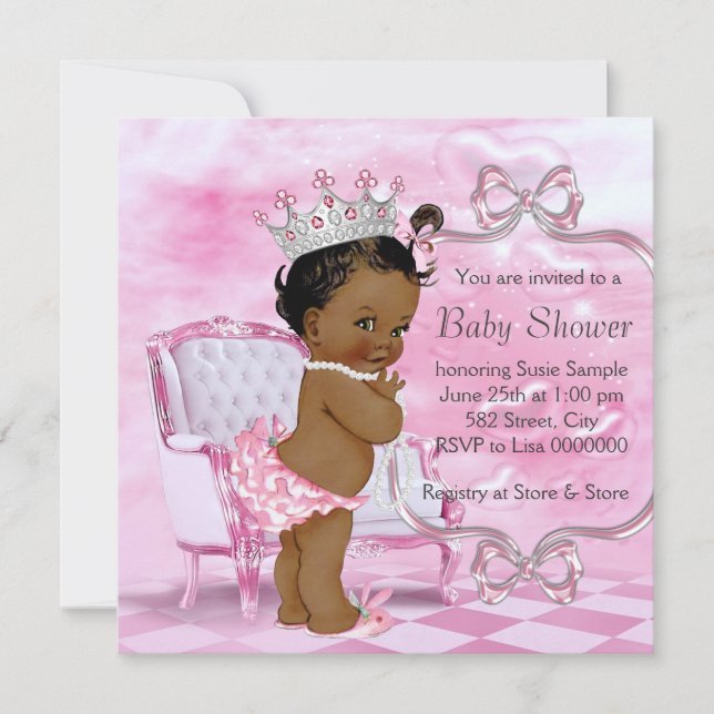 Convites Cadeira Rosa Elegante Chá de Bebê Afro-Americano (Frente)