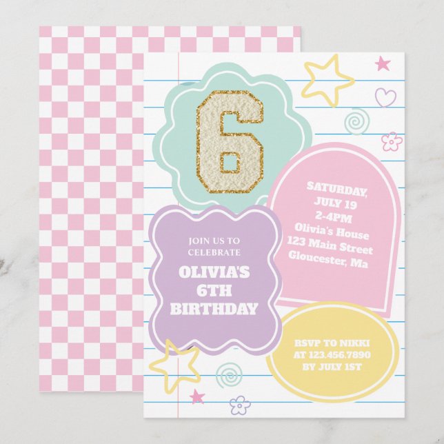 Convites Caderno de aniversário varsity preppy pastel patch (Frente/Verso)
