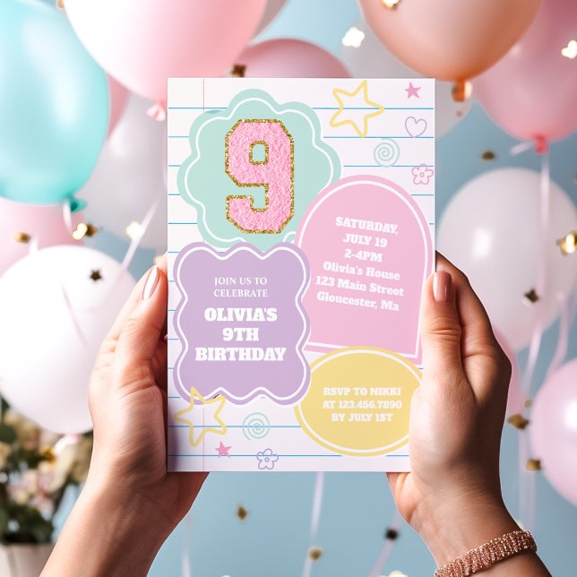 Convites Caderno de varsity preppy pastel patch aniversário (Criador carregado)