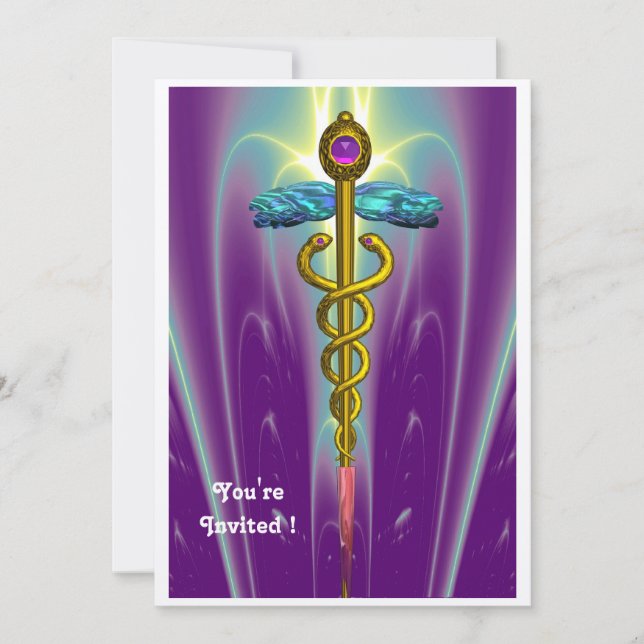 Convites CADUCEU azul violeta roxo ametista champanhe (Frente)