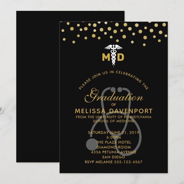 Convites Caduceu Elegante e Graduado de Médico com Estetosc (Frente/Verso)