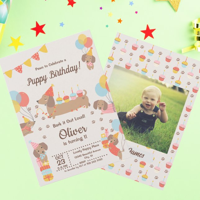 Convites Cães de Papoila Bonitos Dachshund Birthday Pawty (Criador carregado)