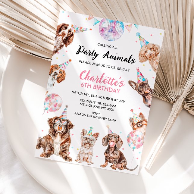Convites Cães Fluorescentes de Campanha (Girls Dogs Themed Birthday Invitation Template, Editable Party Animals Birthday Invitation, Hats)