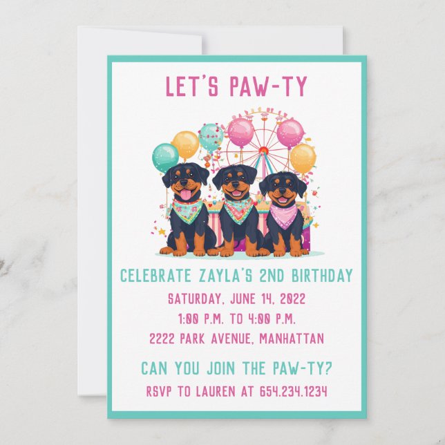 Convites Cães Rottweiler De Aniversário Num Carnaval (Frente)