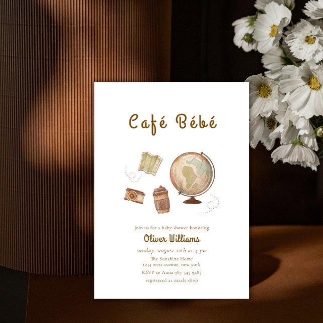 Convites Café Bébé Aventura Globo Café Chá de Bebê (Café Bébé Adventure Globe Coffee Baby shower Invitation)