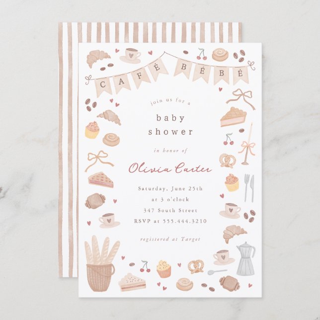 Convites Cafe Bebe Watercolor Baby Shower (Frente/Verso)