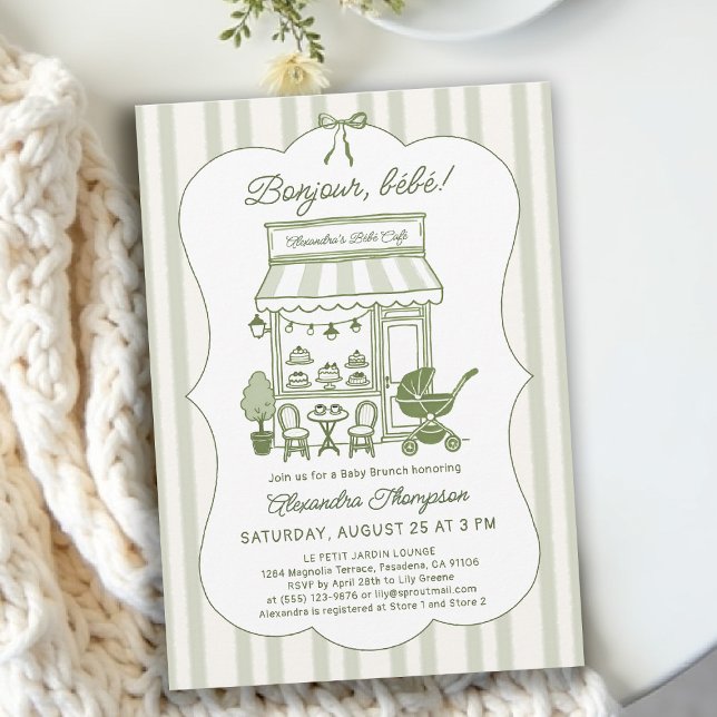 Convites Café Brunch Chá de Bebê Bonjour Bebe (baby shower brunch invitation coffee theme brewing olive green bistro hand drawn paris bistro)