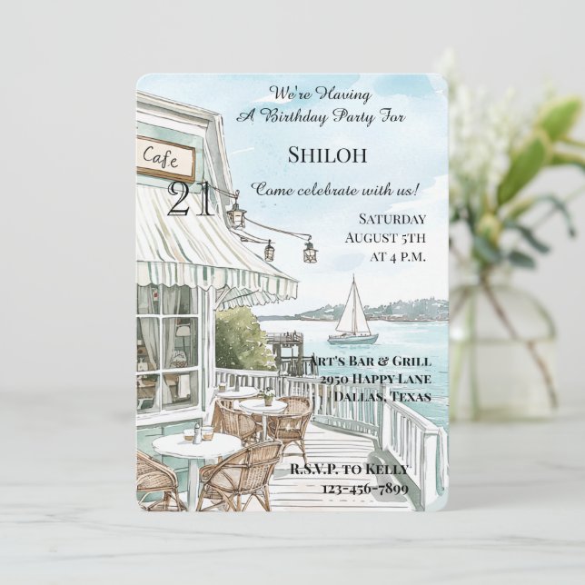 Convites Café da Costa do Oceano Aniversário (Em pé/Frente)