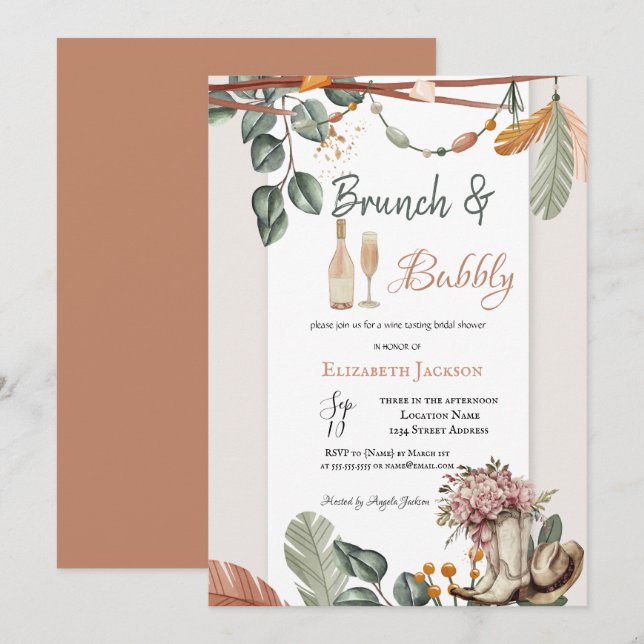 Convites Café da manhã Boho Ocidental com Champagne para Ch (Frente/Verso)