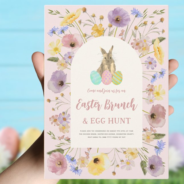 Convites Café da Manhã Caça aos Ovos de Páscoa Coelhinho Fo (Easter brunch and egg hunt boho floral bunny invitation )