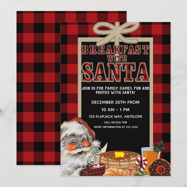 Convites Café da manhã com o Papai Noel Brunch Vermelho Xad (Frente/Verso)