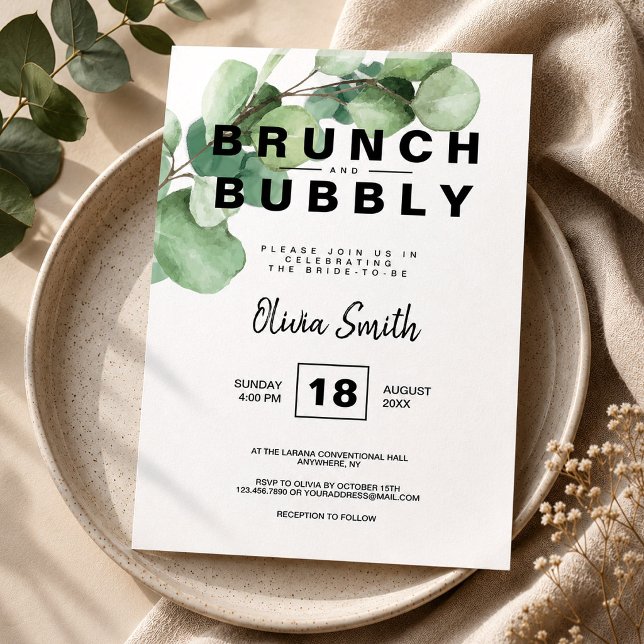 Convites Café da Manhã com Vegetação Rústica e Chuveiro de  (Brunch and Bubbly Bridal Shower Rustic Greenery Invitation, Eucalyptus Invitation)