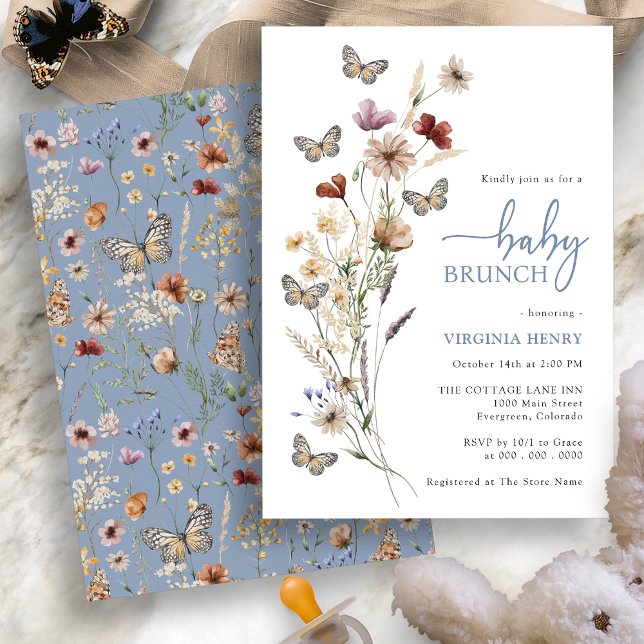 Convites Café da Manhã de Bebê com Flores Silvestres Boho A (Dusty Blue Boho Wildflower Baby Brunch Invitation with Butterflies by Painted Paperie
)