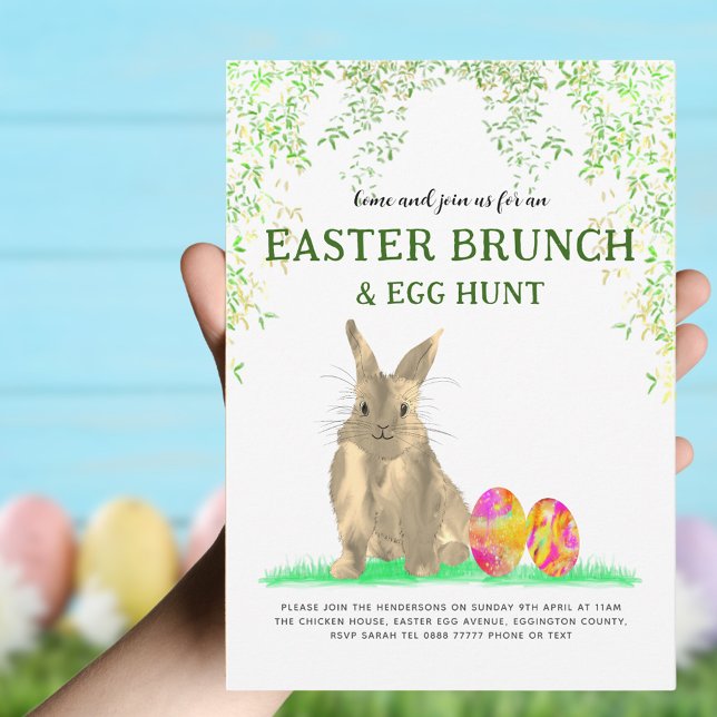 Convites Café da Manhã de Caça aos Ovos de Páscoa Coelhinho (Watercolor easter bunny egg hunt and brunch invitation)