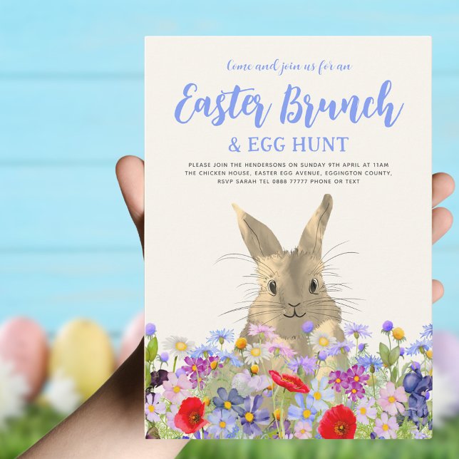 Convites Café da Manhã de Caça aos Ovos de Páscoa Coelhinho (Easter brunch and egg hunt boho wildflowers bunny invitation )