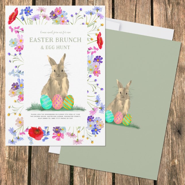 Convites Café da Manhã de Caça aos Ovos de Páscoa Coelho Fl (Easter egg hunt and spring brunch cute bunny colorful wildflower floral watercolor invitation)