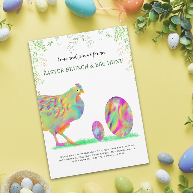 Convites Café da Manhã de Caça aos Ovos de Páscoa Galinha e (Easter egg hunt spring brunch cute colorful watercolor Hen & Eggs garden party invitation)