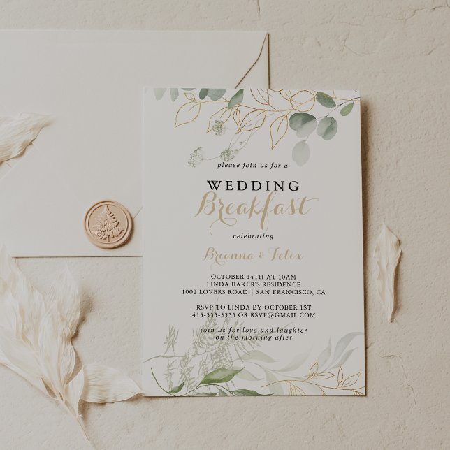 Convites Café da Manhã de Casamento com Caligrafia e Folhag (Criador carregado)