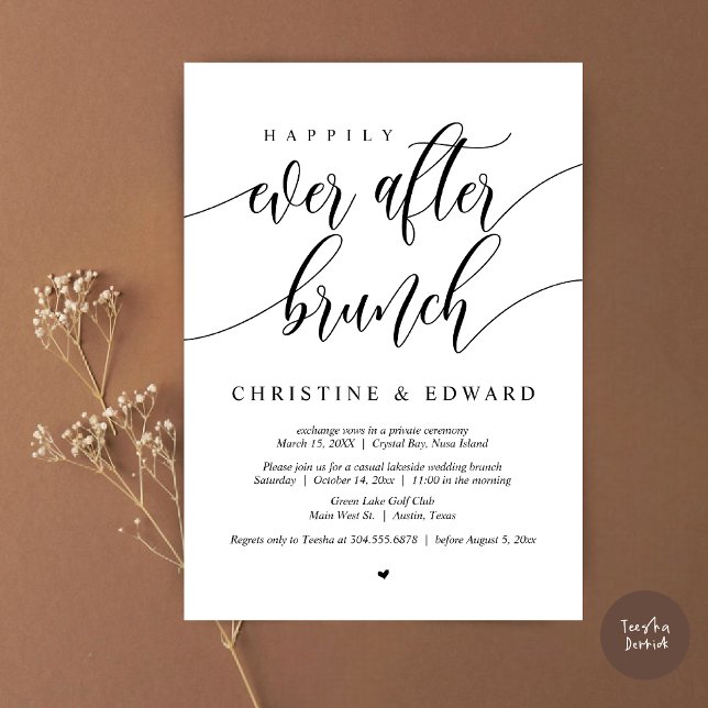 Convites Café da Manhã de Casamento Feliz para Sempre (Happily Ever After Elopement Brunch Invitation Card, Post-wedding, PDF, in Black and White)