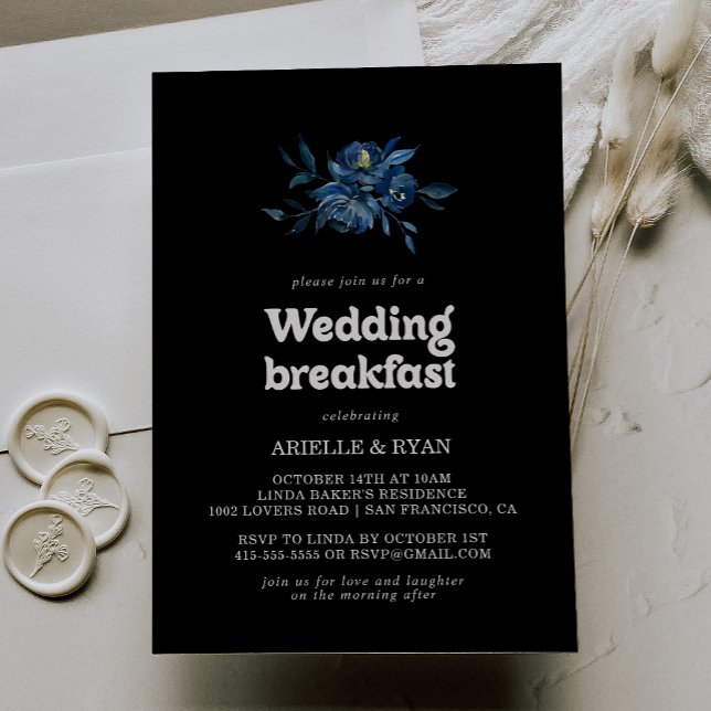 Convites Café da Manhã de Casamento Floral Azul Marinho Rea (Criador carregado)