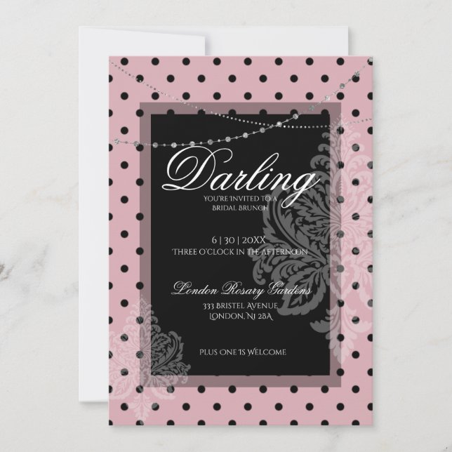 Convites Café da manhã de casamento rosa com bolinhas preta (Frente)